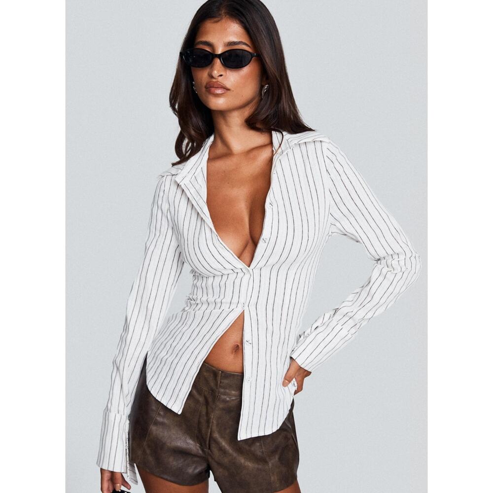 Princess Polly Madlin Long Sleeve Top Beige Stripe US 8 Summer Vacation Miami